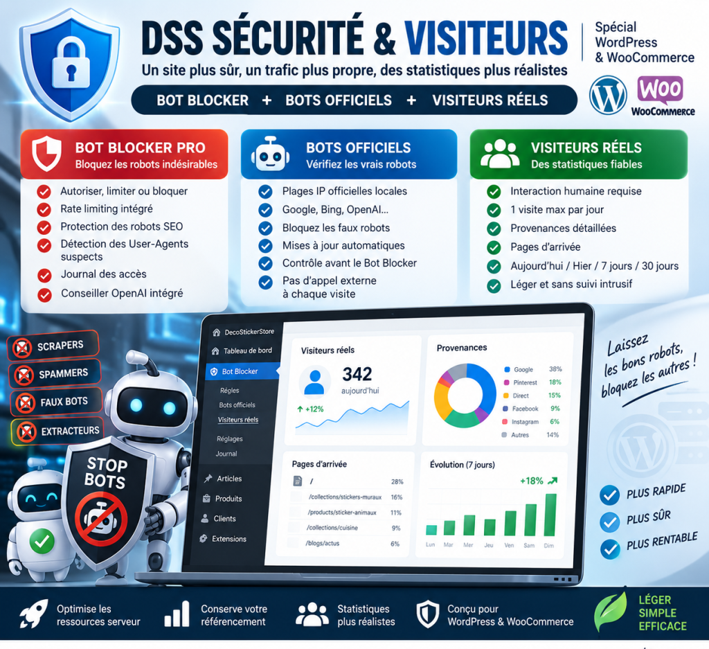 DSS Sécurité & Visiteurs – Bot Blocker, Robots Officiels et Statistiques Humaines
